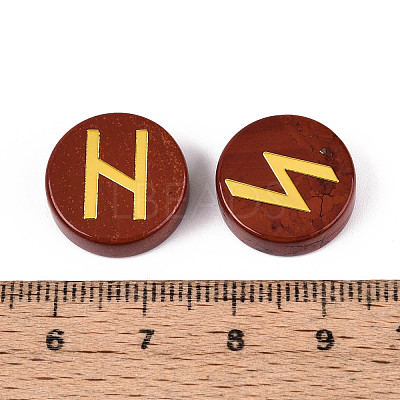 Brass Elder Futhark Alphabet Engraved Symbol Flat Round Natural Red Jasper Rune Stones G-I373-01C-1