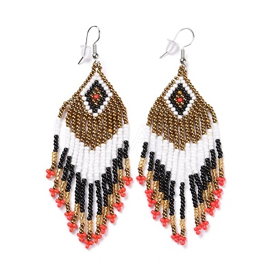 Glass Seed Braided Rhombus with Tassel Chandelier Earrings EJEW-H084-01P-1