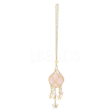 Natural Rose Quartz with Rack Plating Brass Pendants Decorations AJEW-B023-01G-06-1