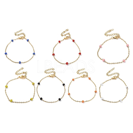 PVD Vacuum Plating Golden 304 Stainless Steel Cable Chain Bracelet with Enamel Rondelle Beaded BJEW-G683-02G-1