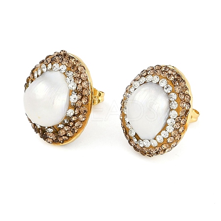 Rack Plating Oval Brass With Rhinestone & Natural Pearl Handmade Indonesia Stud Earrings EJEW-U010-02B-G-1