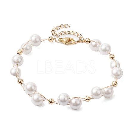 8mm Round Shell Pearl Copper Wire Wrapped Link Bracelet for Women BJEW-JB10316-1