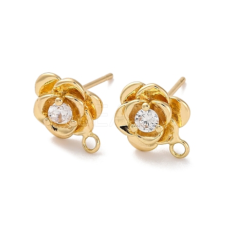 Rose Flower Brass Micro Pave Cubic Zirconia Stud Earring Findings KK-U042-18G-1
