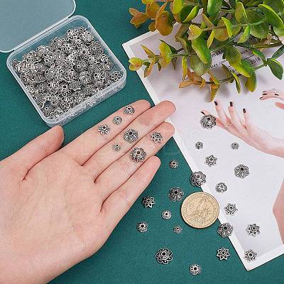 160Pcs 8 Style Tibetan Style Alloy Bead Caps FIND-PH0008-51-1