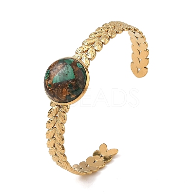 Synthetic Bronzite and Malachite Half Round 304 Stainless Steel Leaf Cuff Bangle for Women BJEW-JB14491-02-1