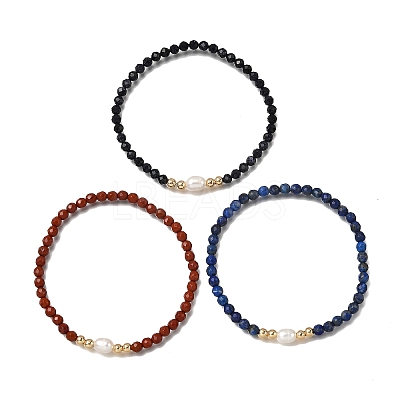 3Pcs Natural & Synthetic Mixed Gemstone Round Beads Stretch Bracelets for Men Women BJEW-JB12337-1
