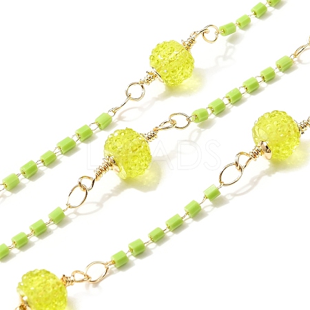 Brass Hexagonal Column Glass Seaded Beaded & Resin Round Beaded Link Chains CHC-G026-01G-1