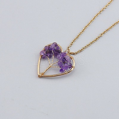 Natural Amethyst Chip Beaded Tree of Life Alloy Heart Pendant Necklaces WG026CB-03-1