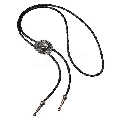 1Pc West Cowboy Hat Tibetan Style Alloy Pendant Black PU Leather Cord Bolo Tie Lariat Necklaces NJEW-GF0001-24A-1