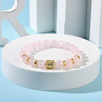 Natural Rose Quartz & Alloy Buddha Head Beaded Strech Bracelets BJEW-JB09420-03-1