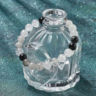 Natural Tourmalinated Quartz/Black Rutilated Quartz Stretch Beaded Bracelets G-A185-01J-1