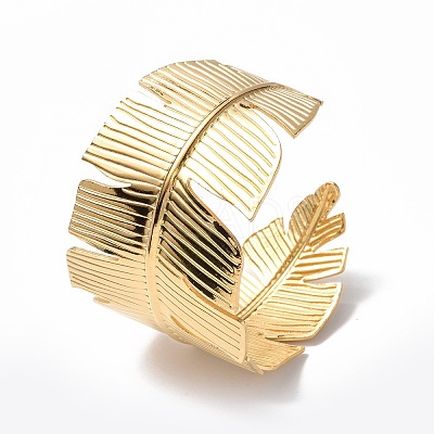 Ion Plating(IP) 304 Stainless Steel Feather Open Cuff Bangle for Women BJEW-F442-01G-1
