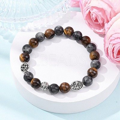 Alloy & Natural Tiger Eye & Larvikite Round Beaded Stretch Bracelets for Men Women BJEW-JB12566-1