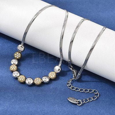 Duo Tone 304 Stainless Steel Micro Pave Clear Cubic Zirconia Beaded Pendant Flat Snake Chain Necklaces SA-CBAB122-01A-1