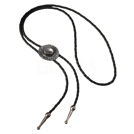1Pc West Cowboy Hat Tibetan Style Alloy Pendant Black PU Leather Cord Bolo Tie Lariat Necklaces NJEW-GF0001-24A-1