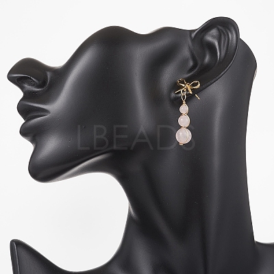 Natural Rose Quartz Bowknot with Round Dangle Stud Earrings EJEW-JE06780-01-1