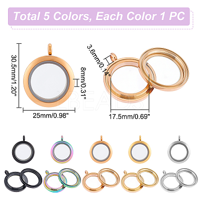 5Pcs 5 Colors 304 Stainless Steel Locket Pendants STAS-UN0045-54-1