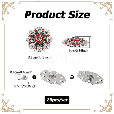 20Pcs Flower Zinc Alloy & Rhinestone & Glass Rivets BUTT-NB0001-84B-1