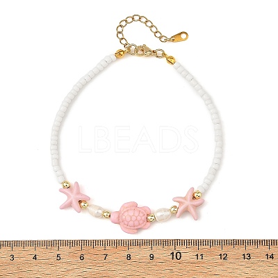 Summer Dyed Synthetic Turquoise & Natural Pearl & Seed Bead Beaded Anklets AJEW-AN00870-1