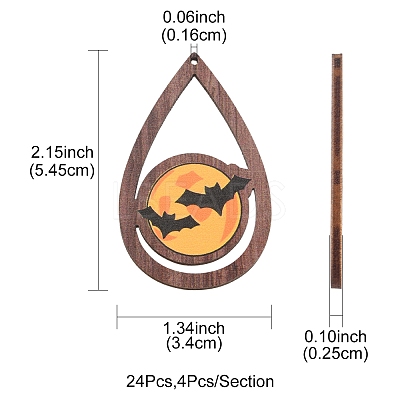 24Pcs 6 Styles Halloween Theme Single Face Printed Aspen Wood Big Pendants WOOD-FS0001-02-1
