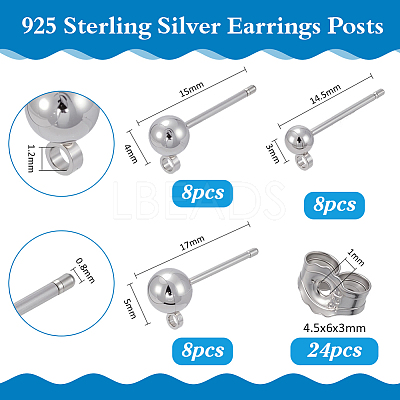 24Pcs 3 Styles Sterling Silver Round Ball Stud Earring Findings FIND-ME0002-56-1