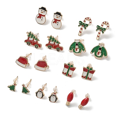 9 Pairs Christmas Alloy Enamel Stud Earrings EJEW-G449-01G-1