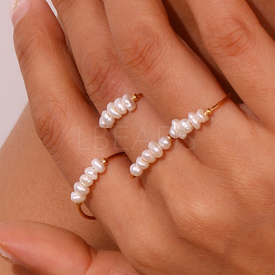 Nuggets Stainless Steel & Natural Freshwater Pearl Beads Finger Rings WG1BE4A-02-1