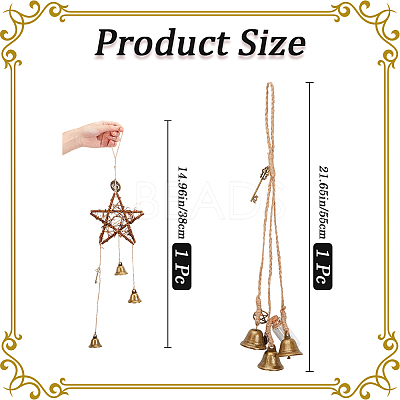 2Pcs 2 Styles Rattan & Iron Witch Bells Wind Chimes Door Hanging Pendant Decoration WICR-CN0001-01-1