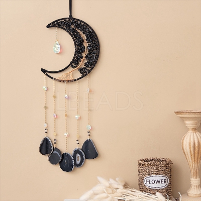 Copper Wire Wrapped Natural Obsidian Moon Hanging Ornaments PW-WG39344-01-1