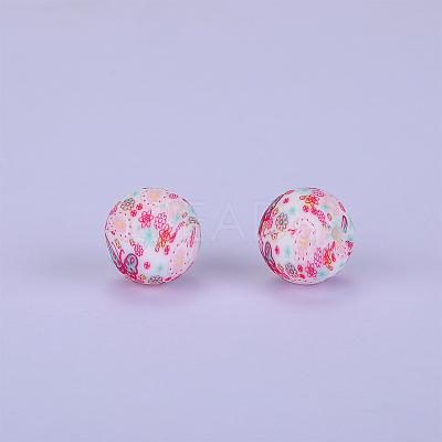 Printed Round with Flower Pattern Silicone Focal Beads SI-JX0056A-174-1