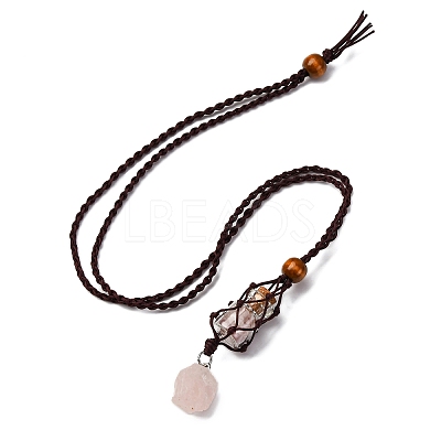Natural Rose Quartz Macrame Pouch Pendant Nylon Cord Adjustable Necklaces NJEW-JN05345-02-1