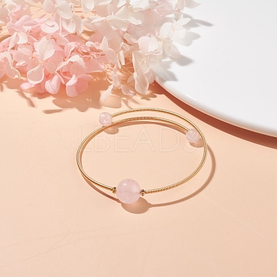 Natural Rose Quartz Round Beaded Bangle BJEW-JB07840-01-1