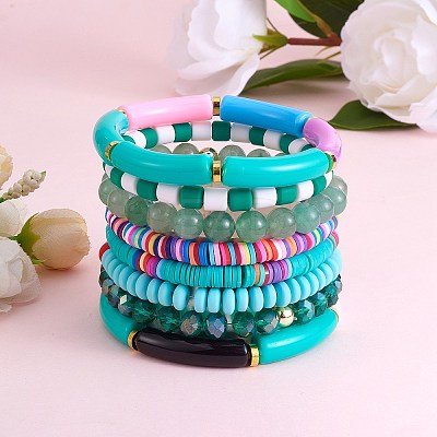 8Pcs 6 Style Synthetic Imperial Jasper & GLass Beaded Stretch Bracelets Set BJEW-SW00086-05-1