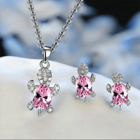 Tortoise Alloy Rhinestone & Glass Pendant Necklaces & Stud Earrings Sets FS-WG4B54D-10-1