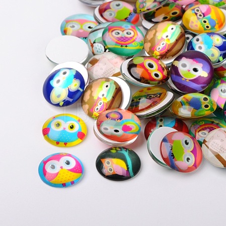 Cartoon Owl Printed Glass Half Round/Dome Cabochons GGLA-N004-10mm-B-1