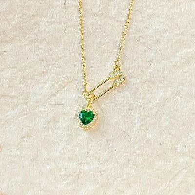 Heart Safety Pin Brass Pave Cubic Zirconia Pendant Necklaces for Women FS-WGA6C95-05-1