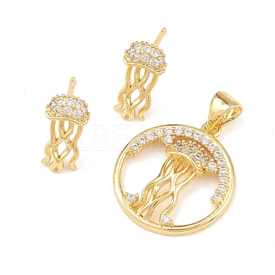 Brass Micro Pave Cubic Zirconia Pendant & Stud Earrings Sets for Women SJEW-F227-01H-G-1