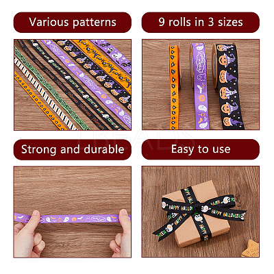 9Pcs 9 Styles Halloween Printed Polyester Grosgrain Ribbon OCOR-WH0085-74-1