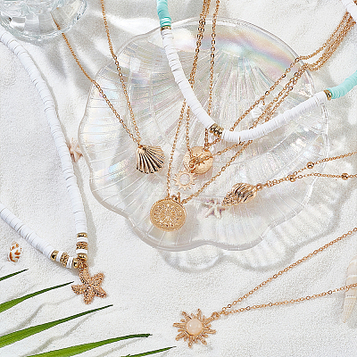 6Pcs 6 Style Sun & Flower & Shell Shape Pendant Alloy Multi Layered Necklaces Sets NJEW-AN0001-37-1