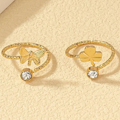 2Pcs 2 Styles Brass Crystal Rhinestone Butterfly Clover Cuff Toe Ring Sets FS-WG20A77-03-1