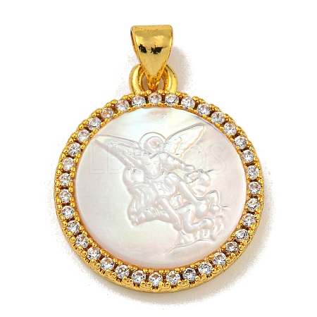 Rack Plating Brass Micro Pave Clear Cubic Zirconia Flat Round Pendants KK-U025-10G-02-1