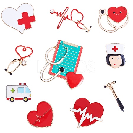 10Pcs 10 Styles Ambulance & Heart & Stethoscope Enamel Pins JEWB-SZ0001-87-1