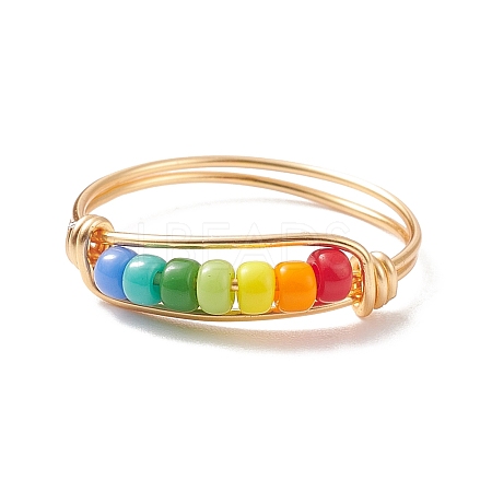 Rainbow Color Glass Seed Braided Bead Finger Ring RJEW-TA00055-1