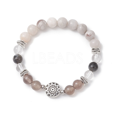 2Pcs Round Natural Quartz Crystal & Grey Agate & Larvikite & White Crazy Lace Agate Beads Stretch Bracelets BJEW-JB13000-1
