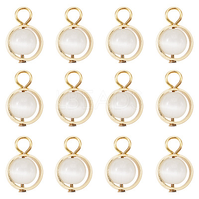 12Pcs Brass & Glass Imitation Cat Eye Round Charms PALLOY-TAC0237-01-1