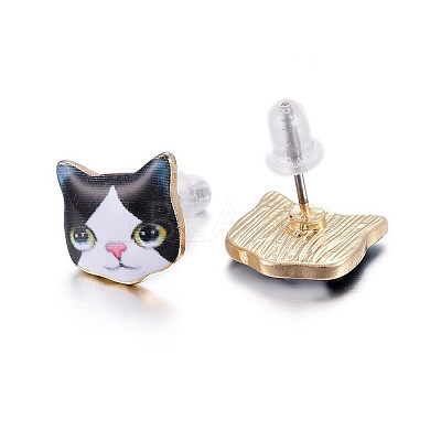 Real 14K Gold Plated Alloy Kitten Stud Earrings EJEW-G148-01G-03-1