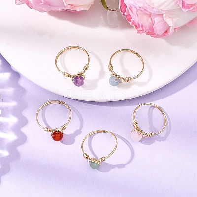 Natural Gemstone Round Braided Bead Finger Rings for Women RJEW-JR00953-01-1
