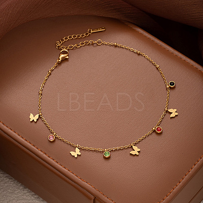 304 Stainless Steel Pave Colorful Cubic Zirconia Charm Anklets for Women FS-WG43DDA-09-1