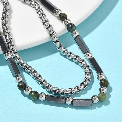 Natural African Turquoise(Jasper) & Non-magnetic Synthetic Hematite Beaded Multi-strand BJEW-Z148-05P-05-1