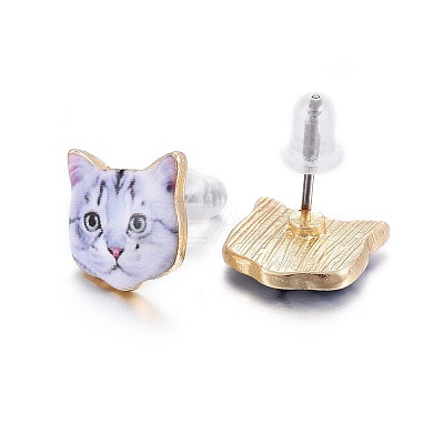 Real 14K Gold Plated Alloy Kitten Stud Earrings EJEW-G148-01G-04-1